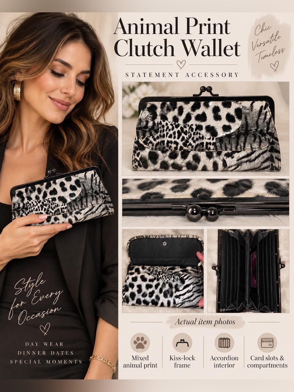 NWOT Animal Print Leather Clutch/Wallet leapard panther minimal statement bag - Picture 1 of 14
